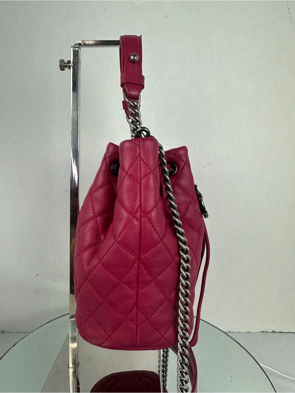 CHANEL Drawstring Bucket Bag – Pink Lambskin Quilted Leather Ruthenium Hardware